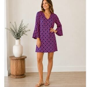 Escapada Pink Navy Geometric Tunic Dress Medium Bell Sleeve Resort Shift Dress